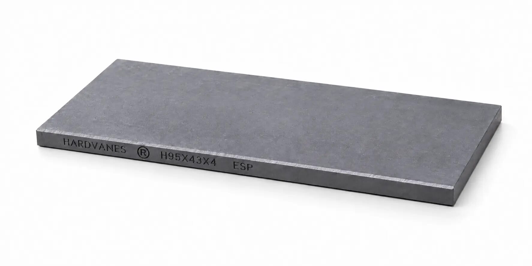 Fotografía original de una paleta HARDVANES® de carbono-grafito con bisel y grabado. Medidas: 95 × 43 × 4 mm